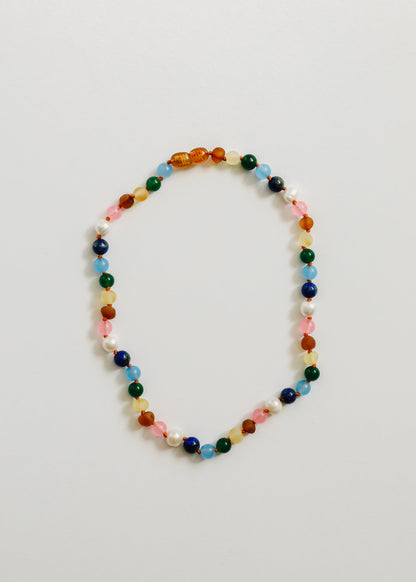 Raw Baltic Amber and Pearl Necklace + Sweet Pink Gemstones