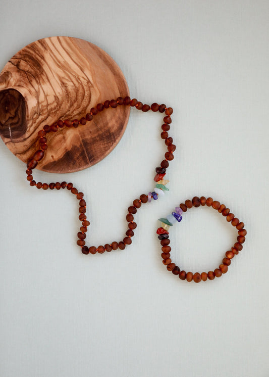 Raw Cognac Baltic Amber + Raw CHAKRA Crystals || Adult Bracelet