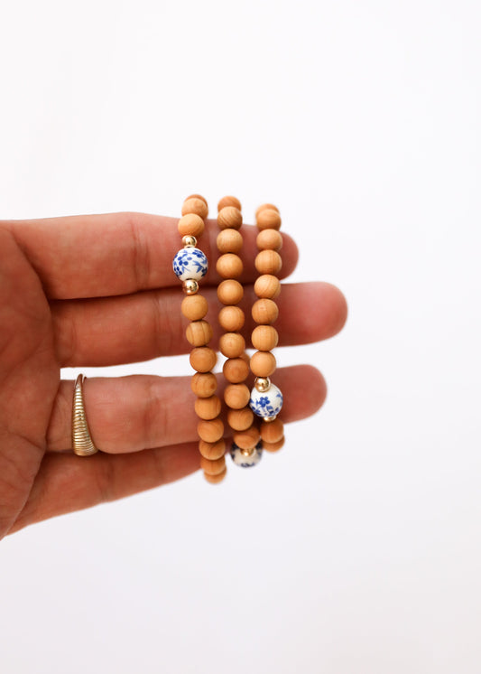 Cypress Wood || 14K Gold Filled + Vintage Flowers || Beaded Bracelet