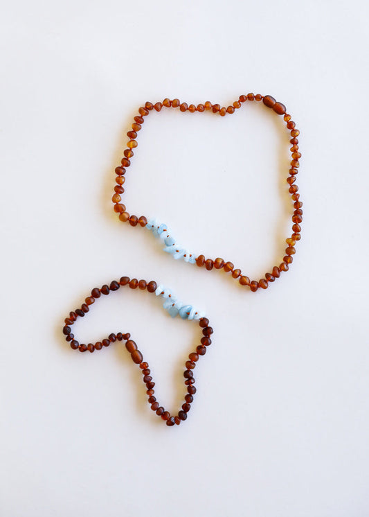Raw Cognac Baltic Amber + Raw Aquamarine  || Necklace Set