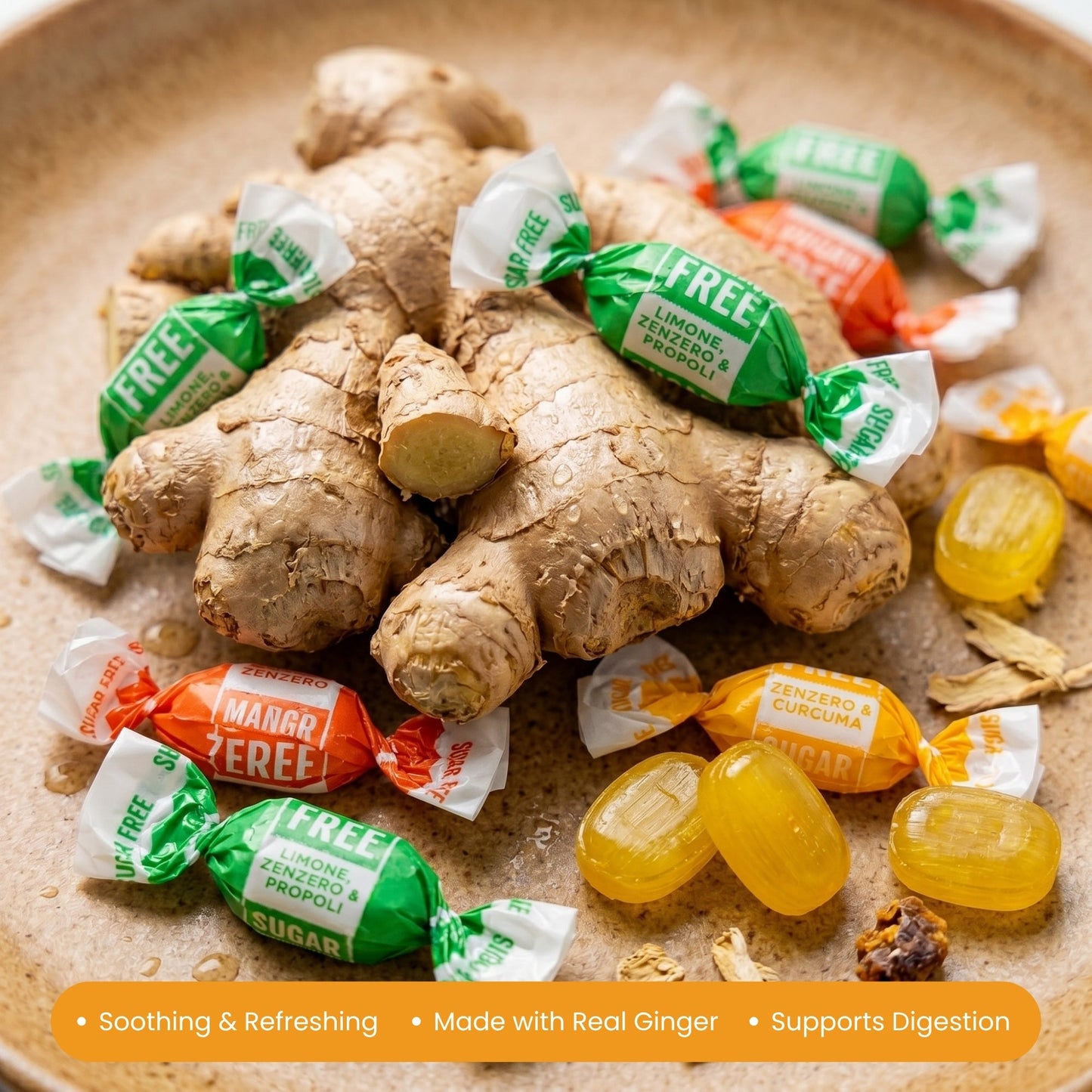 Andy Anand Sugar-Free Ginger Candy, 55 pc, 7 oz – Orange, Mango & Lemon Flavors, Made in Italy, Imported Keto & Diabetic-Friendly Gift Box