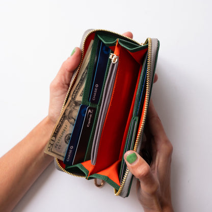 Large Zipper Wallet with Detachable Key Ring - Green