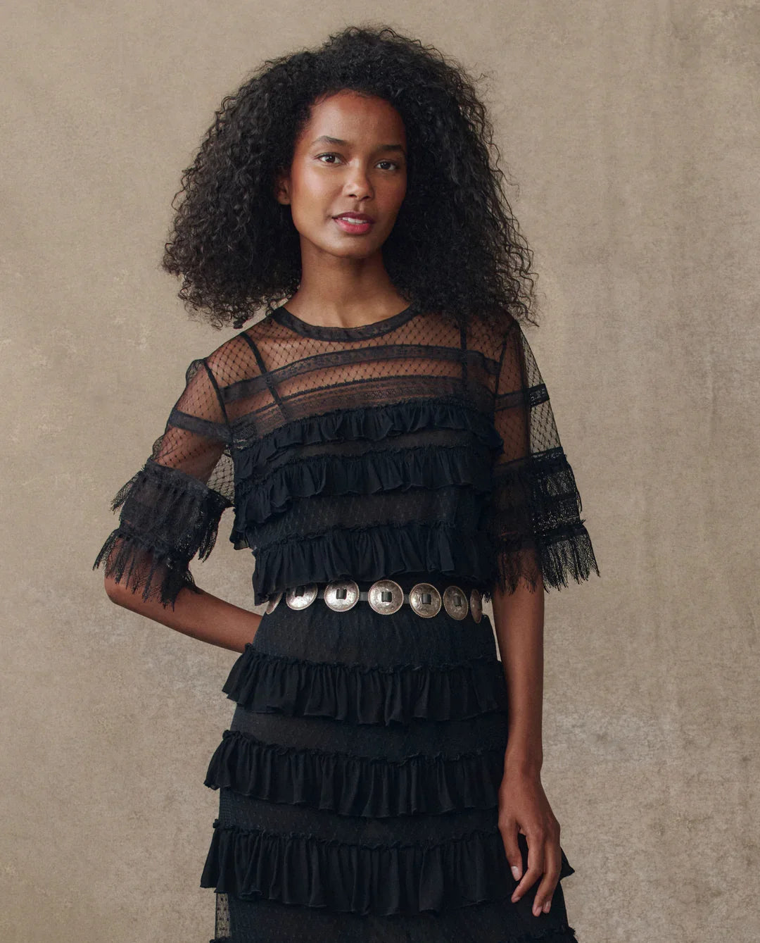 The Great. The Winter Mesh Flounce Top