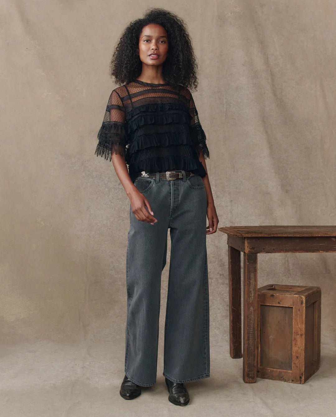 The Great. The Winter Mesh Flounce Top
