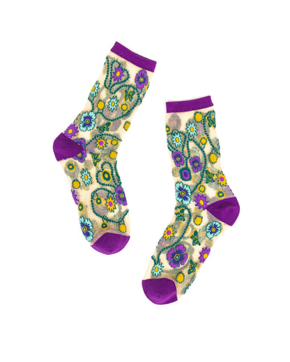 Jeweled Floral Gold Shimmer Sheer Crew Sock