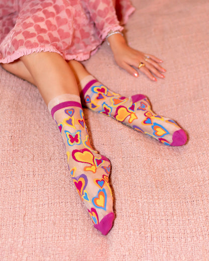 Y2K Hearts Ruffle Sheer Crew Sock