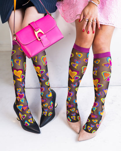 Y2K Hearts Black Sheer Knee High Sock