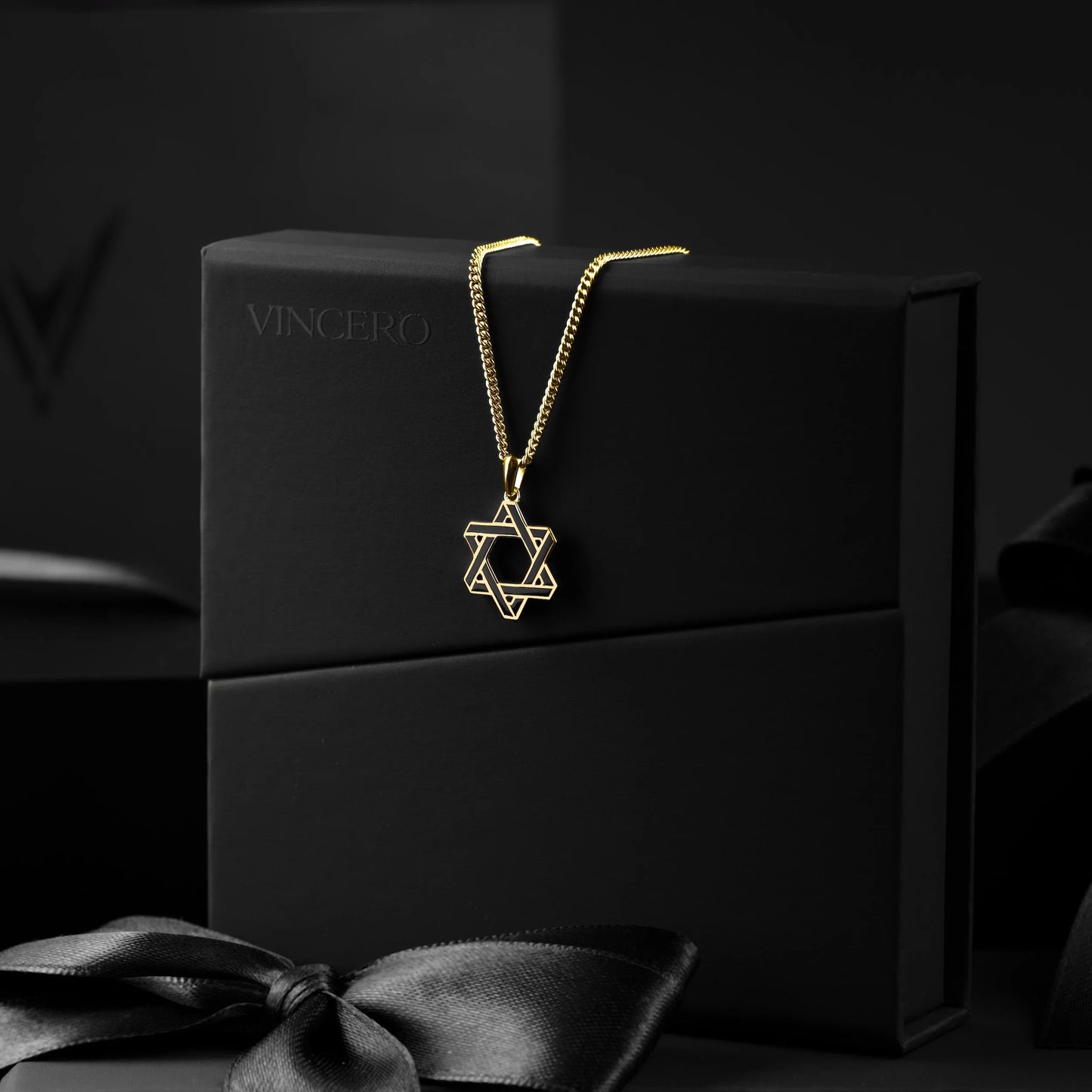 Star Of David Pendant - 14K Gold Onyx