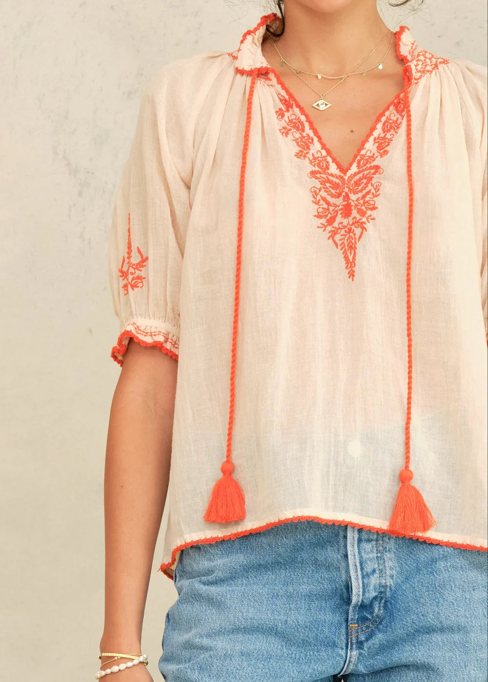 M.A.B.E Talia Embroidered Short Sleeve Top