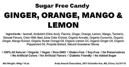 Andy Anand Sugar-Free Ginger Candy, 55 pc, 7 oz – Orange, Mango & Lemon Flavors, Made in Italy, Imported Keto & Diabetic-Friendly Gift Box