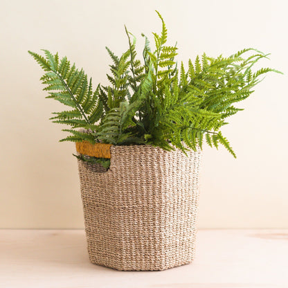 Natural Octagon Basket with Mustard Handle - Handwoven Bin | LIKHÂ