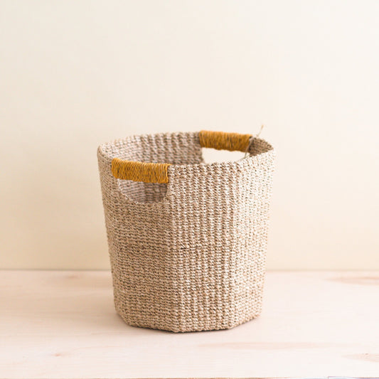Natural Octagon Basket with Mustard Handle - Handwoven Bin | LIKHÂ