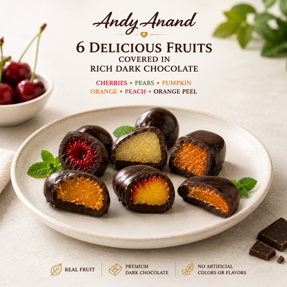 ANDY ANAND Chocolate Covered Fruits Collection Gift Box, 20 Pieces – Cherry, Pear, Pumpkin, Orange, Peach &amp; Orange Peel Covered in Premium Dark Chocolate, Gourmet Fruit Candy Assortment, California Made, Gift Ready