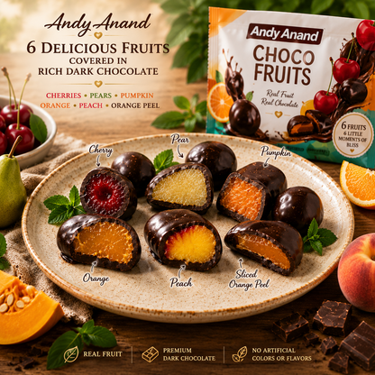 ANDY ANAND Chocolate Covered Fruits Collection Gift Box, 20 Pieces – Cherry, Pear, Pumpkin, Orange, Peach &amp; Orange Peel Covered in Premium Dark Chocolate, Gourmet Fruit Candy Assortment, California Made, Gift Ready