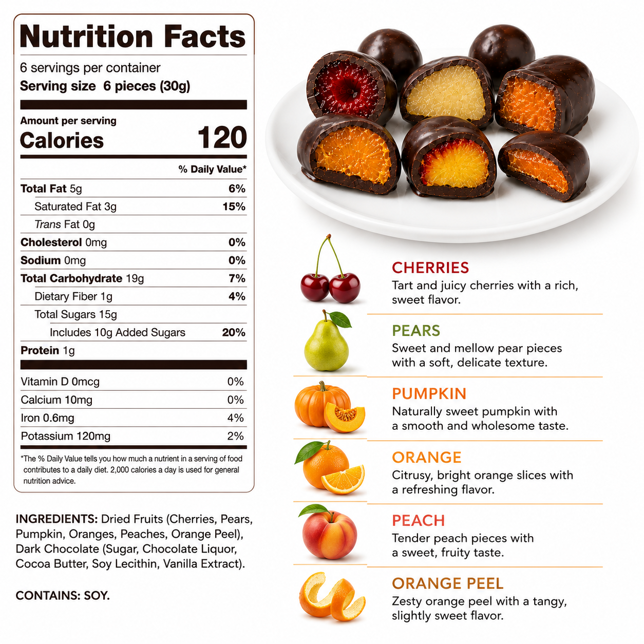 ANDY ANAND Chocolate Covered Fruits Collection Gift Box, 20 Pieces – Cherry, Pear, Pumpkin, Orange, Peach &amp; Orange Peel Covered in Premium Dark Chocolate, Gourmet Fruit Candy Assortment, California Made, Gift Ready